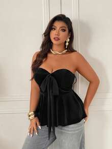 Femmeverse 深V领丝绒缎面抹胸吊带背心 - 黑色 - 查看 7