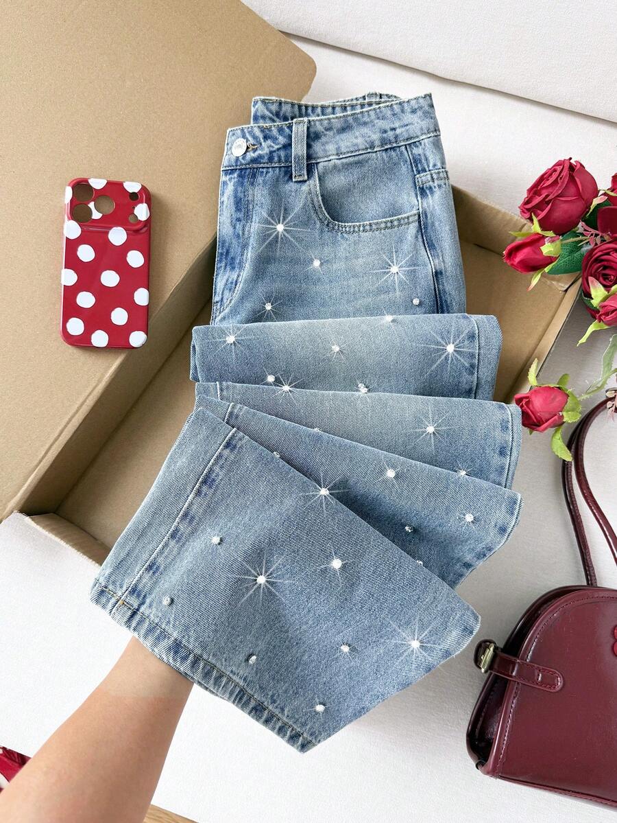 Comfortcana Quần jeans nữ dáng suông, chất liệu denim mài, đính đá lấp lánh, thích hợp cho ngày Valentine mùa xuân, quần jeans nữ thường ngày, quần jeans lấp lánh. - Rửa trung bình - Xem 1