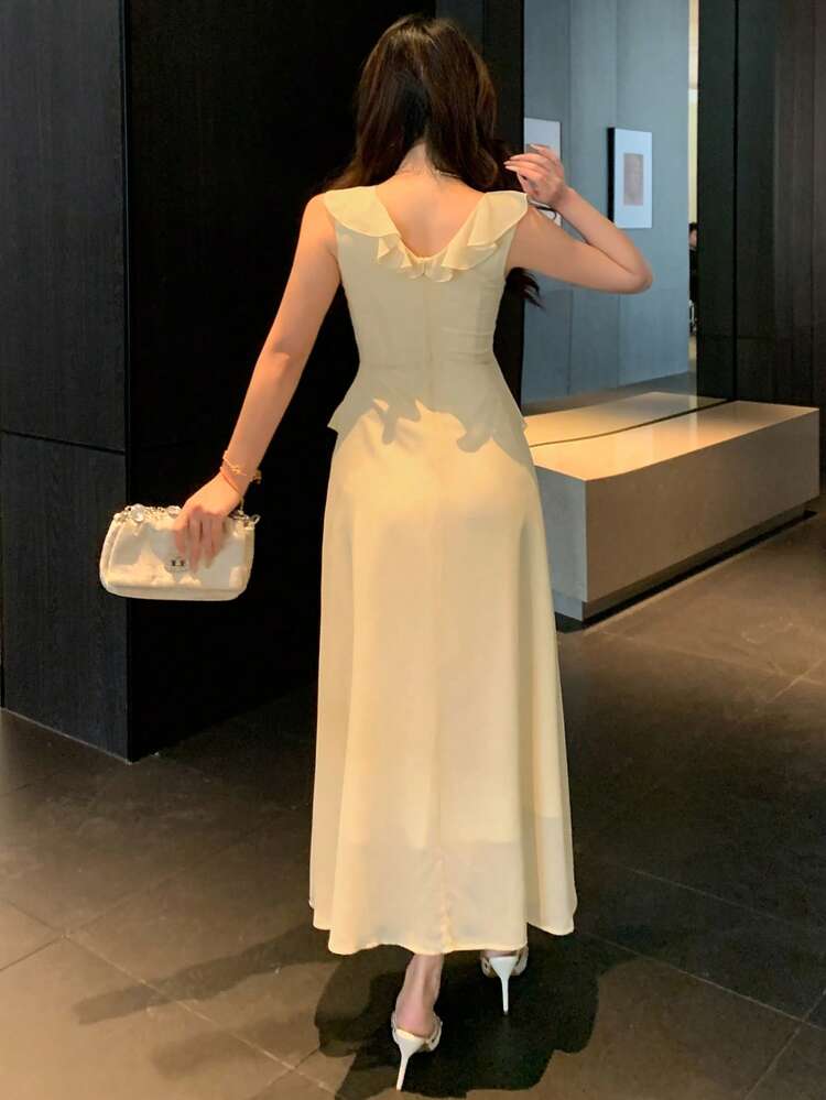 Women's Elegant Ruffled V-Neck Sleeveless Mid-Length Dress, Summer Wedding Guest Dress Sundress