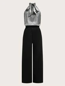 Ellevyn 大码金色吊带露背上衣，金属系带无袖衬衫，搭配金属扣长裤两件套，休闲派对装 - 銀色 - 查看 2