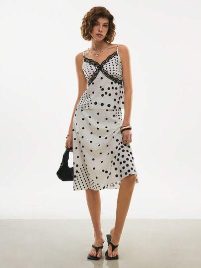 Poéselle Women's Lace Polka Dot Print Camisole And Mini Skirt 2 Pieces Set,Polka Dot Lace Slip Dress For Women, Spaghetti Strap Midi Summer Dress, Elegant Black And White Party Outfit,Summer 2 Pieces Set,French-Style 2 Pieces Set,Holiday, Beach Vacation, Elegant Party