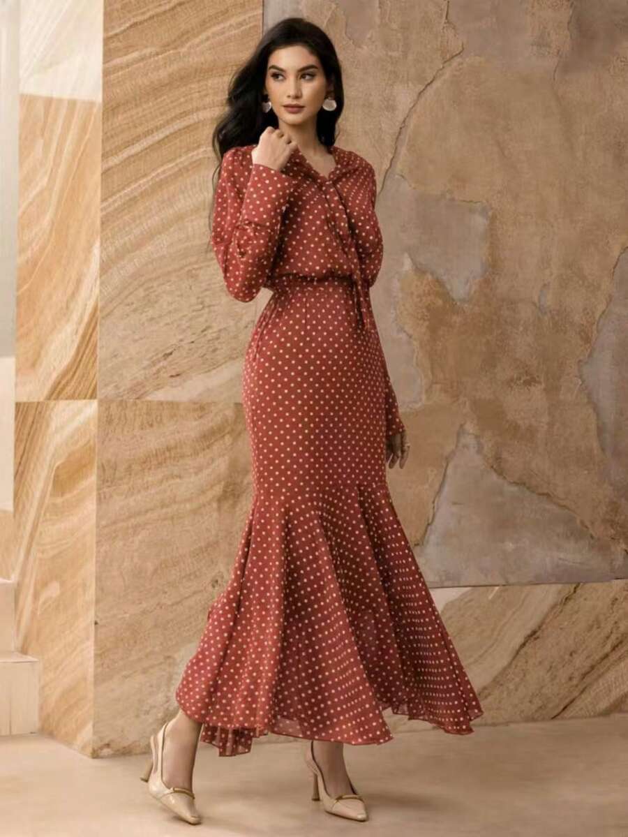 法式设计高腰收腰女式连衣裙 - 橘色 - 查看 1