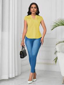SHEIN Lunessa Elegant Lace Patchwork Wave Striped Short Sleeve Women Blouse - Yellow - View 4