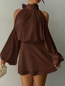 Aloruh 女士新款杏色纯色长袖迷你连衣裙，灯笼袖A字裙，适合派对、约会、下午茶等场合，秋冬季款 - 棕色 - 查看 4