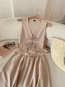 SHEIN EZwear 卡其色编织系带背心和裤子女士休闲套装 - 摩卡棕 - 查看 6