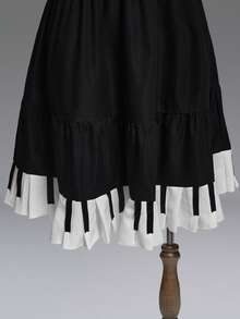 ROMWE Goth Đầm cỡ lớn dành cho nữ, kiểu dáng vintage Y2K, xếp ly, phối ren, họa tiết bàn phím đàn piano, thắt eo. - màu đen - Xem 5