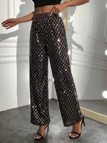 EURMUSE Women's Rhombus Pattern Casual Versatile Commuting Wide-Leg Pants - Gold - View 3