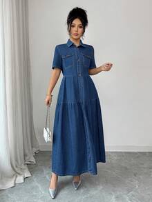 Elenzga Loose Retro Denim Dress For Women Summer Elegant - Medium Wash - View 1