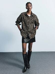 Maija Plus-Size Leopard Print Denim Shirt, Casual Loose Jacket,Y2K Style,Brown Top,Y2k Clothes,Going Out Top - Multicolor - View 3