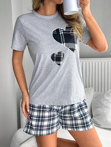 EURMUSE 棉质两件套格子印花短袖衬衫和格子印花短裤家居服套装 - 淺灰色 - 查看 3