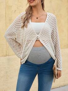 SHEIN Maternity Solid Color Twist Hollow V-Neck Fashionable Long Sleeve Sweater - Apricot - View 4
