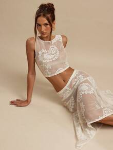 SHEIN BAE 2pcs Apricot Sleeveless Lace Texture Tank Top & Paisley Lace Patterned Sheer Skirt Set, Vacation Beach Sheer Outfit, Paisley Lace, Sheer Lace, Sexy, Brunch Dress, Wedding Guest Attire, Going Out Dress - Apricot - View 7