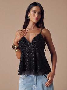 SHEIN BAE Áo nữ màu nâu đậm trơn, cổ chữ V sâu, dây đeo đính sequin, kiểu dáng gợi cảm, thích hợp cho mùa thu/đông, áo hai dây đính sequin, áo lót mùa thu/đông, trang phục dự tiệc cocktail. - màu đen - Xem 4