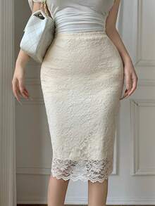 Celisse Apricot Lace Slit Hem Elegant Women Pencil Skirt - Apricot - View 3