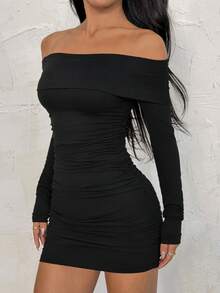 SHEIN PETITE 女士纯色长袖荷叶边露肩修身中长连衣裙，夏季女装 - 黑色 - 查看 4