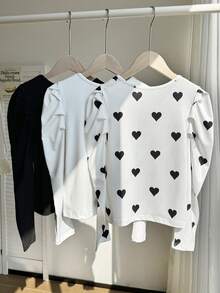 Set de 3 blusas de manga larga con cuello redondo y manga abullonada para niñas, de estilo casual y versátil a lunares blanco y negro, para primavera/verano - Multicolor - Ver 2