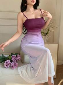 DAZY 女士优雅渐变褶皱吊带中长连衣裙，夏季 - 紫色 - 查看 1