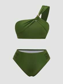 Sweetra 大码女式纯色不对称领口褶皱上衣和高腰褶皱三角泳裤绿色比基尼两件套泳衣 - 綠色 - 查看 1