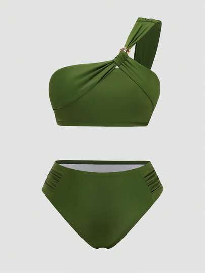 Sweetra Plus Size Women's Solid Color Asymmetric Neckline Ruched Top And High Waist Pleated Triangle Bottoms Green Bikini 2 Piece Swimsuit