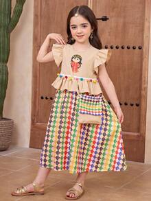 SHEIN Robe de vacances décontractée pour jeune fille, patchwork de couleur unie, fleurs marguerite en patchwork - Multicolore - Voir 3