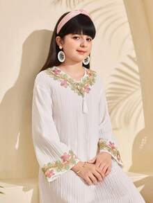 少女秋季洋裝 Al-Adha 白色花卉 Abaya，夏季波西米亞度假風保守迷你洋裝，秋季穿搭 - 白色 - 查看 4