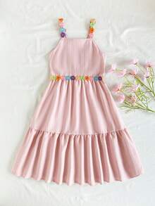 SHEIN Vintaside Kids 少女粉色纹理面料花卉吊带装饰度假夏季甜美可爱百搭公主裙 - 粉色 - 查看 3