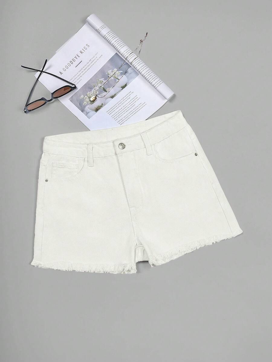 GlowEve 夏季休闲纯色毛边牛仔短裤 - 白色 - 查看 1