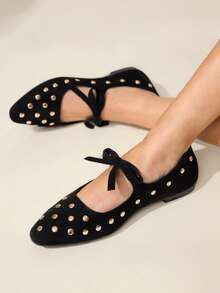 CUCCOO CHICEST Giày bệt mũi vuông thoải mái, màu trơn, họa tiết nơ mới, đa năng cho mùa xuân và mùa thu - màu đen - Xem 2
