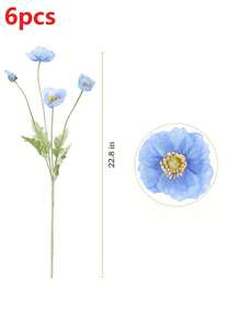 6支人造罂粟花，长59厘米，4朵花，简约现代风格，可弯曲且不褪色 - 可用于DIY花墙、场景布置、客厅和卧室花瓶插花、婚礼、派对装饰。 - 冰魄藍 - 查看 9