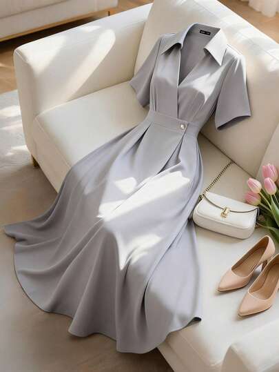 GlowEve CURVE Plus Size Women's Elegant Elegant Daily Commute Simple Solid Color V-Neck Short Sleeve Pleated Waist Midi Dress