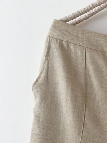 SHEIN LUNE CURVE 大码纯色亚麻质感口袋设计纽扣装饰宽松休闲裤 - 杏色 - 查看 4