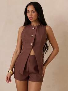 SHEIN Glamour Women's Summer Fashion Commuter Solid Color Vest & Shorts 2 Pieces Set - Brown - View 6