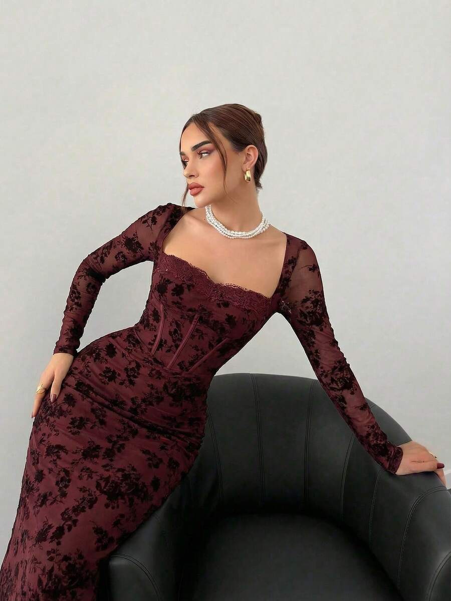 Aloruh 女士新款秋冬长裙，方领长袖修身连衣裙，酒红色植绒连衣裙，优雅性感派对连衣裙，下午茶连衣裙，约会连衣裙