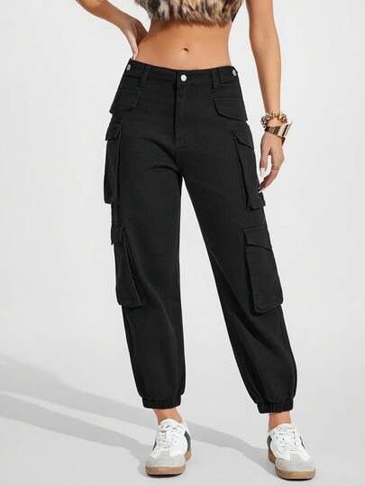 Jeanoix 女士带口袋纽扣休闲工装牛仔裤，通勤和日常穿着皆宜