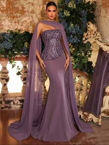 Glamrae 优雅、奢华、高端、百搭的珍珠亮片花卉刺绣弹力针织褶皱性感抹胸美人鱼连衣裙，饰有3D花卉装饰，配有可拆卸颈带，适合婚礼、活动、派对、节日、盛会、正式场合。 - 深紫色 - 查看 8