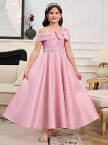 Sparklyn Tween GirlsElegant Solid Color Snug Fit High Waist High Slit Asymmetric Ruffle Hem Midi Dress, Suitable For Parties, Banquets, Flower Girl Weddings, Birthdays And Other Important Occasions - Pink - View 5
