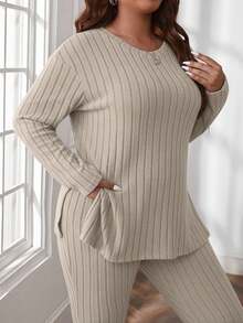 SHEIN Cottnline Plus Size Women Solid Color Crew Neck Ribbed Long Sleeve Top And Pants Casual Outfit - Beige - View 6