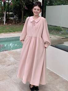 Dazy Plus 可爱蝴蝶结领宽松长袖收腰休闲粉色长连衣裙，春秋季 - 粉色 - 查看 6