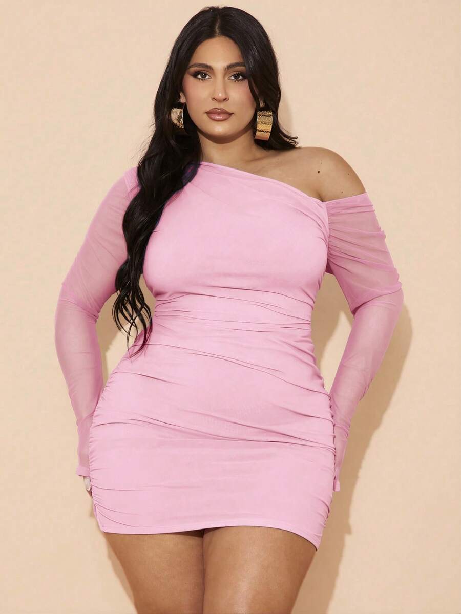 SHEIN BAE Đầm ôm sát gợi cảm tay dài, vai lệch, chất liệu lưới, xếp ly, dành cho nữ cỡ lớn, thích hợp mặc hàng ngày, đi chơi, hẹn hò, tiệc trà chiều, du lịch, mùa xuân/hè, đi học, đi làm, dự tiệc cưới. - Màu Hồng baby - Xem 1