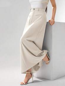 Heiryn 女士纯色腰部纽扣设计休闲通勤裙 - 米色 - 查看 5