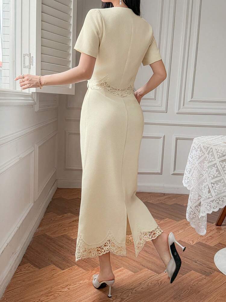 Women's Elegant Lace Patchwork Round Neck Blouse And Skirt 2-Piece Set, Spring/Summer,Wedding Guest Dress Women