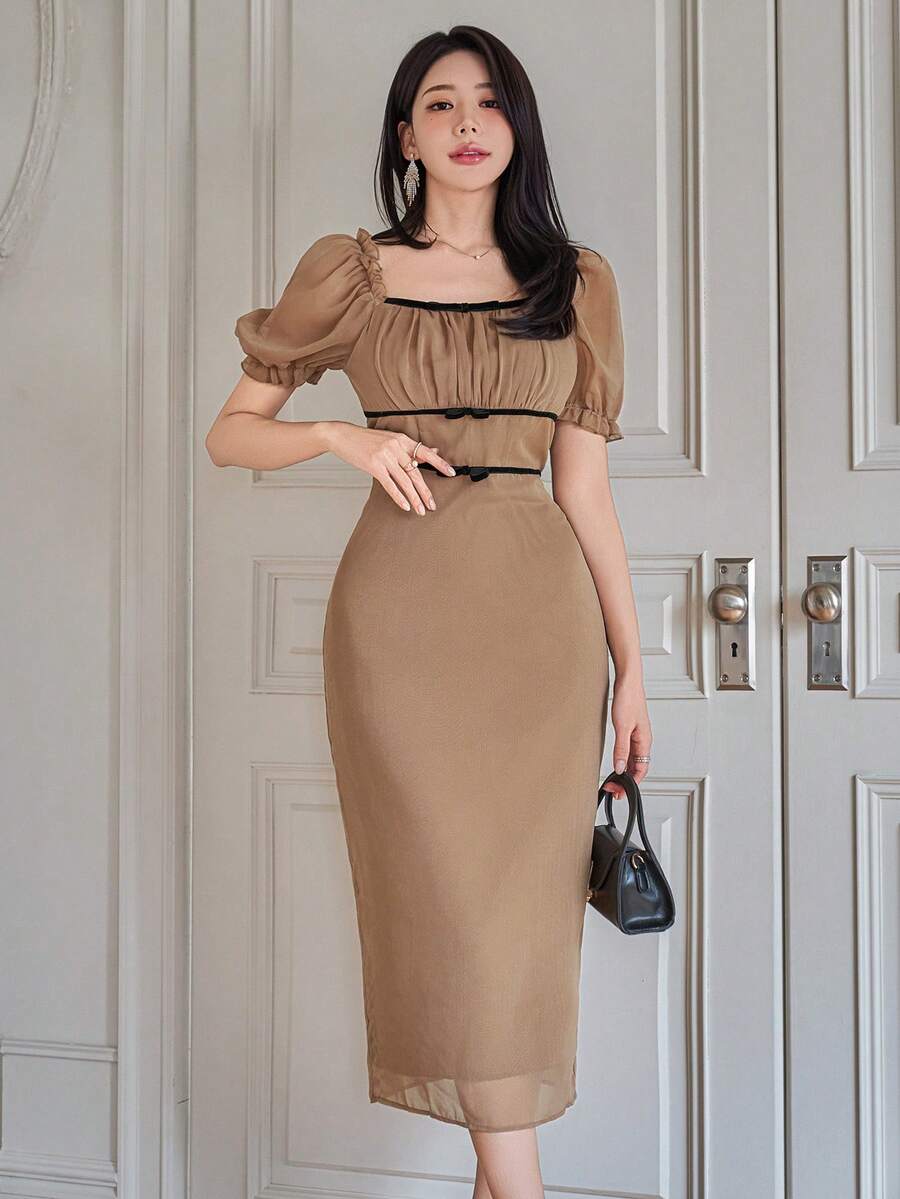 DAZY 女士优雅撞色荷叶边方领长连衣裙，夏季婚礼宾客礼服 - 卡其色 - 查看 1