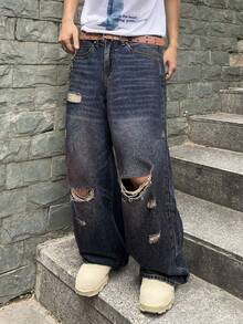 Manfinity EMRG 男士休闲破洞阔腿牛仔裤 - 藍黑色 - 查看 5