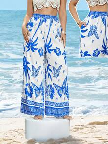 Swim Lushoire Plus Size Women Loose Tropical Plant Print Long Casual Beach Pants - Blue - View 1