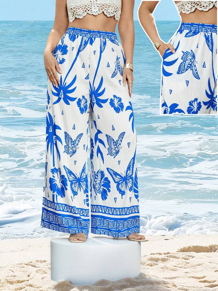 Swim Lushoire Plus Size Women Loose Tropical Plant Print Long Casual Beach Pants - Blue - View 1