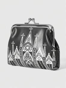 ROMWE Goth 1 Piece Church Pattern Women's Wallet, Buckle Change Purse, Suitable For Daily Use, Back-To-School Season, Valentine's Day Gifts - Black and white B - View 2