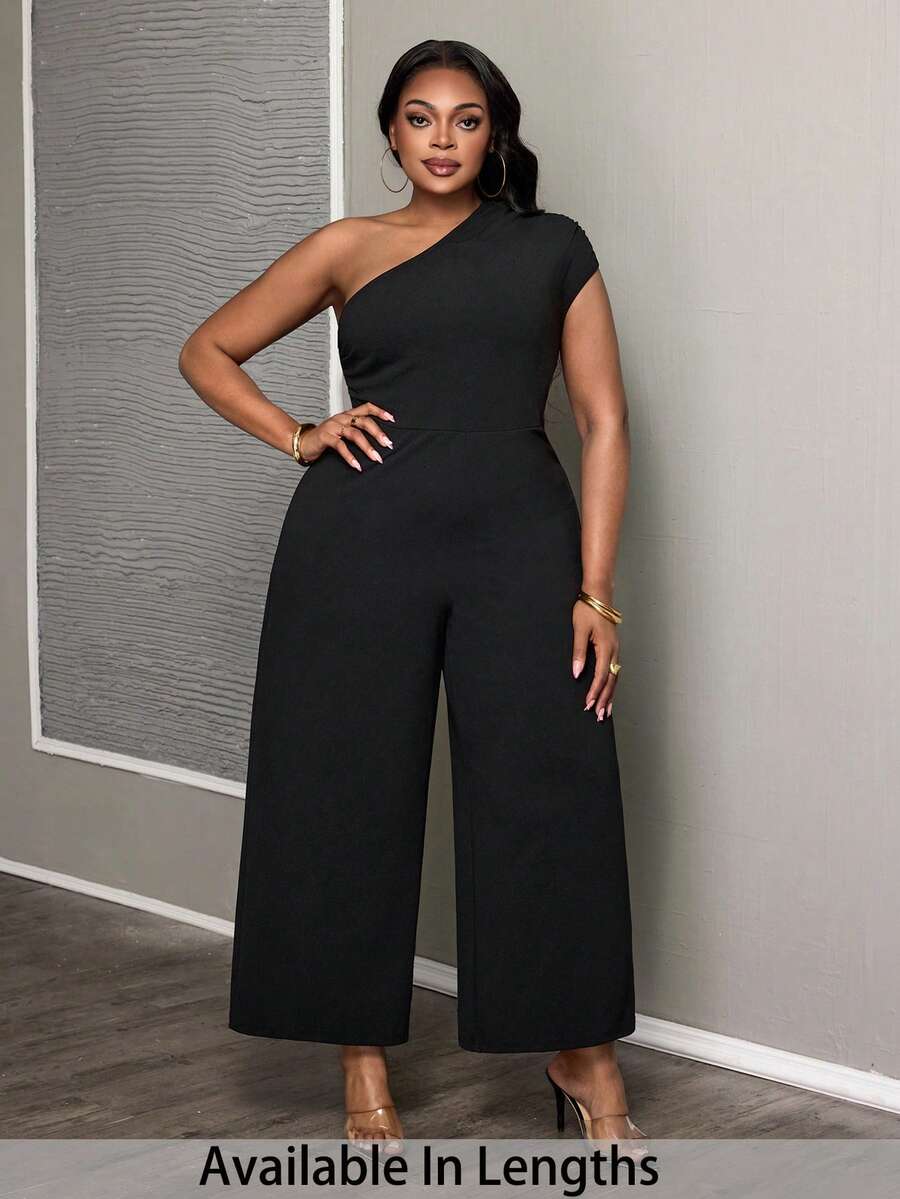 SHEIN PETITE CURVE Plus Size Solid Color Casual Jumpsuit - Black - View 1