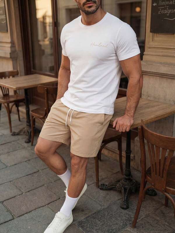 HIMLAND Men's Letter Print Round Neck Short Sleeve T-Shirt And Shorts Casual Set Casual Summer Fits For Men Beige Men Outfit Khaki Shorts For Men Men Casual Outfits