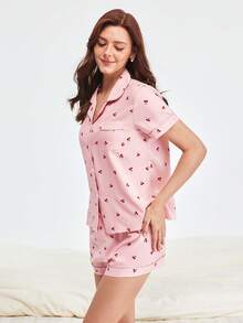 Bonmuse 3件套皱红樱桃印花短袖开衫、短裤和长裤睡衣套装 - 粉色 - 查看 9