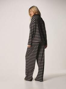 MISSGUIDED Bộ đồ mặc nhà mùa thu đông gồm áo hoodie dài tay kẻ sọc dáng rộng và quần ống rộng palazzo. - màu đen - Xem 2